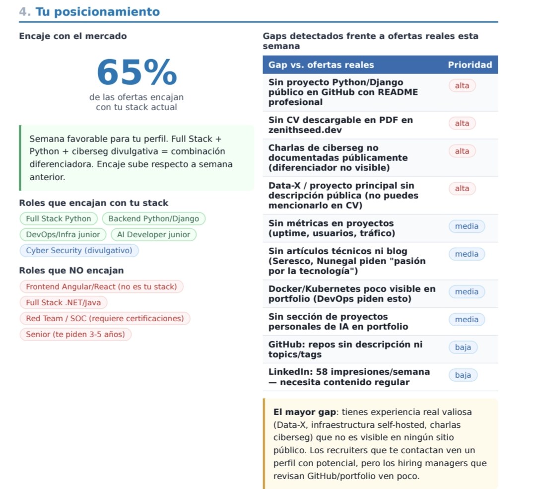 Página del informe: 65% de encaje con el mercado y tabla de gaps del portfolio frente a ofertas reales