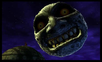 La luna con cara sonriente cayendo sobre el pueblo