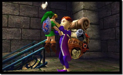 El vendedor de máscaras agarra a Link y lo levanta del suelo